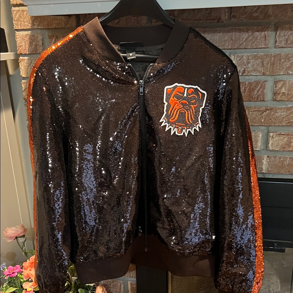 Sequin Bomber Jacket Cleveland Brown’s NFL Official with Bulldog Patch